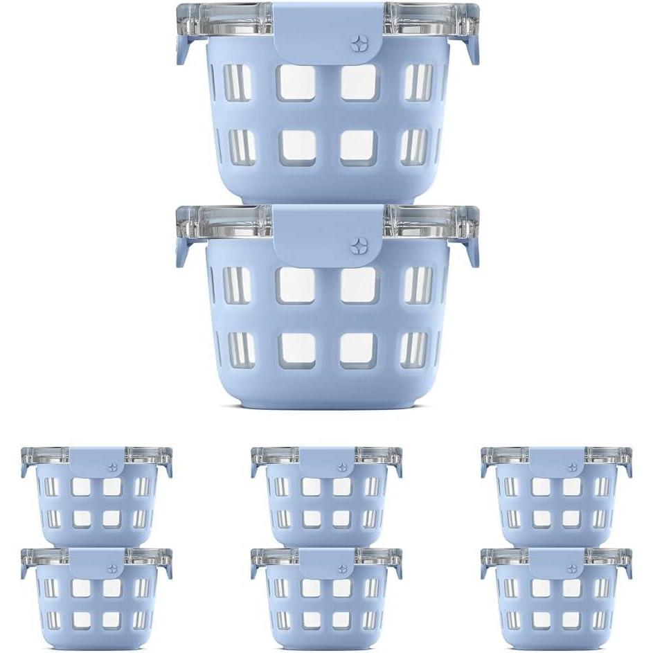 imageEllo Duraglass 8Pack 2 Cup Reusable Glass Container Jar with Leak Proof Lids and Protective Silicone Sleeves  Perfect for Overnight Oats Snacks Yogurt  BPAFree  Dishwasher Safe  Halogen Blue