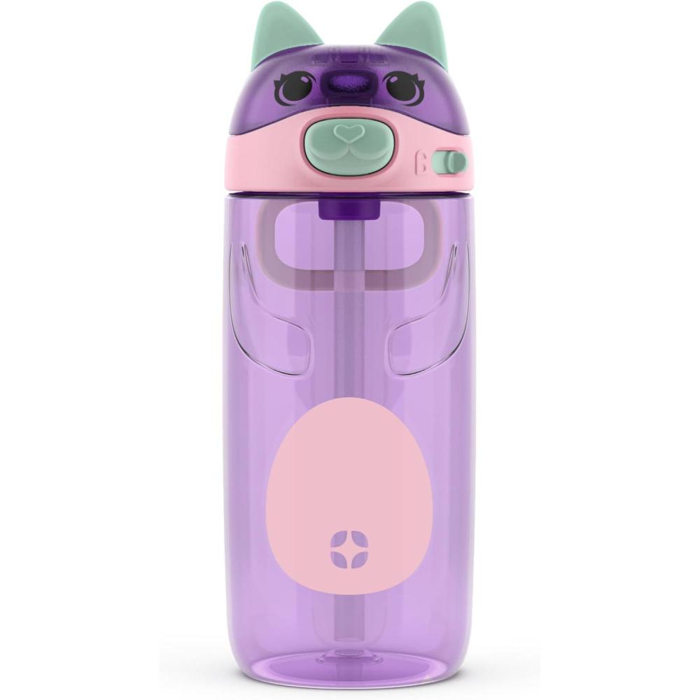 imageEllo Ellies 16oz Plastic Kids Water Bottle with Straw and Builtin Carrying Handle and LeakProof Locking Lid for School backpack Lunchbox and Outdoor Sports PigCat
