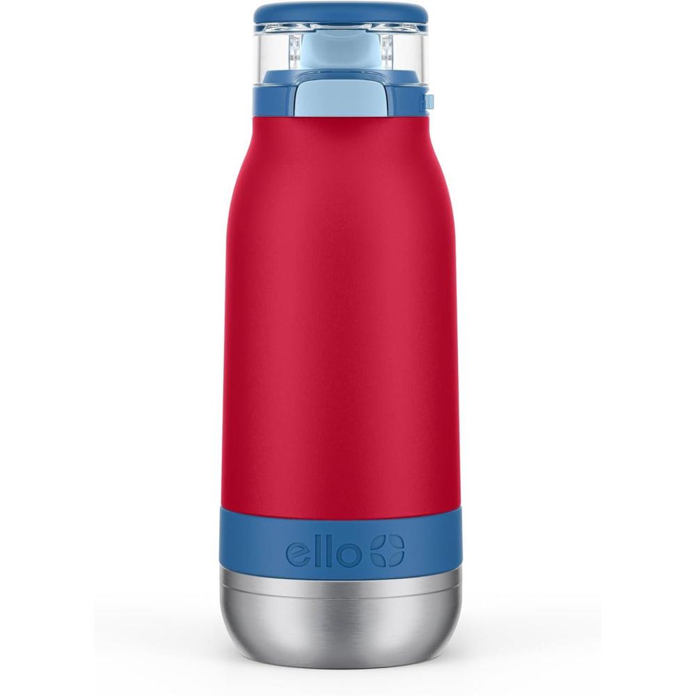 imageEllo Emma 14oz Vacuum Insulated Stainless Steel Kids Water Bottle with Straw and Builtin Carrying Handle and LeakProof Locking Lid for School Backpack Lunchbox and Outdoor SportsRed Splash