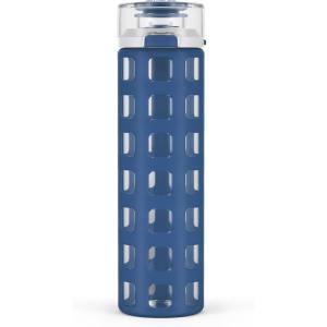 imageEllo Syndicate 20oz Reusable Glass Water Bottle with OneTouch Leak Proof Flip Lid Protective NonSlip Silicone Sleeve Carry Loop for Coffee Tea and Water BPAfree Dishwasher Safe AlligatorBold Blue