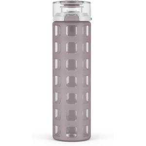 imageEllo Syndicate 20oz Reusable Glass Water Bottle with OneTouch Leak Proof Flip Lid Protective NonSlip Silicone Sleeve Carry Loop for Coffee Tea and Water BPAfree Dishwasher Safe AlligatorMauvewood