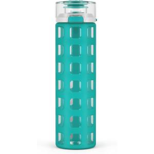 imageEllo Syndicate 20oz Reusable Glass Water Bottle with OneTouch Leak Proof Flip Lid Protective NonSlip Silicone Sleeve Carry Loop for Coffee Tea and Water BPAfree Dishwasher Safe AlligatorMint