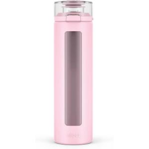 imageEllo Syndicate 20oz Reusable Glass Water Bottle with OneTouch Leak Proof Flip Lid Protective NonSlip Silicone Sleeve Carry Loop for Coffee Tea and Water BPAfree Dishwasher Safe AlligatorCashmere Pink