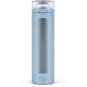 imageEllo Syndicate 20oz Reusable Glass Water Bottle with OneTouch Leak Proof Flip Lid Protective NonSlip Silicone Sleeve Carry Loop for Coffee Tea and Water BPAfree Dishwasher Safe AlligatorTech Blue