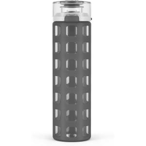 imageEllo Syndicate 20oz Reusable Glass Water Bottle with OneTouch Leak Proof Flip Lid Protective NonSlip Silicone Sleeve Carry Loop for Coffee Tea and Water BPAfree Dishwasher Safe AlligatorGrey