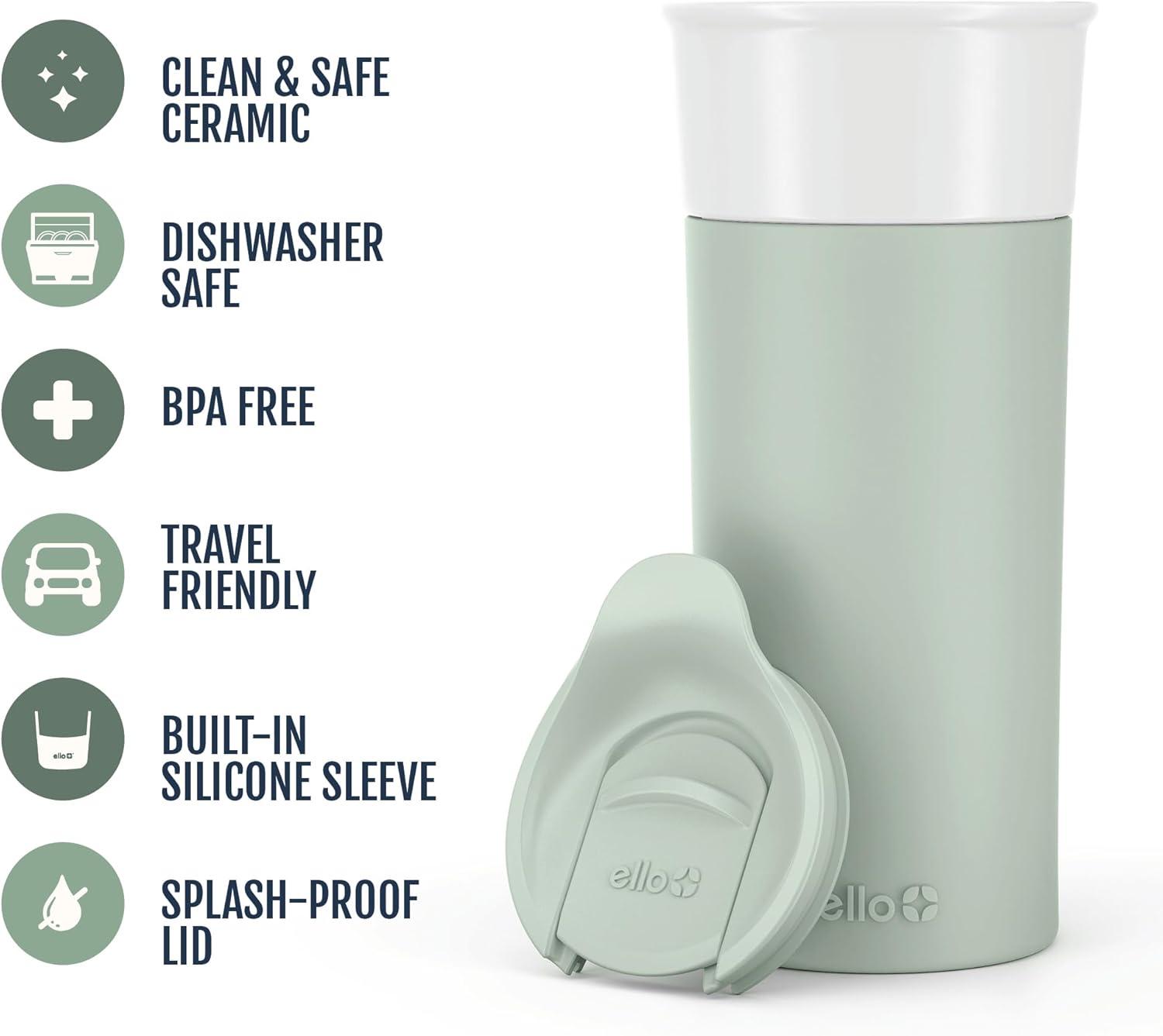 imageEllo Ogden 16oz Ceramic Travel Mug with SplashResistant Slider Lid and Protective Silicone Sleeve Perfect for Coffee or Tea BPAFree Dishwasher Safe MineralHoneydew