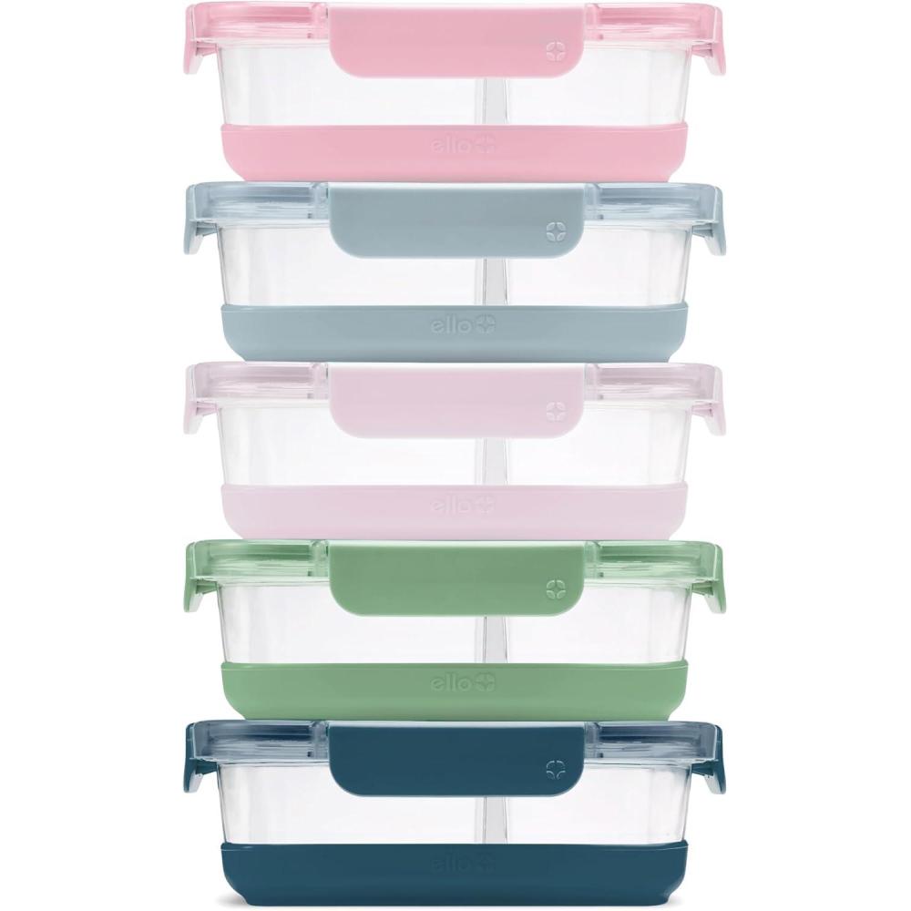 imageEllo Duraglass Refresh 34 Cup Divided Meal Prep Set 10Pc 5 Pack 2 Compartment Glass Food Storage Container with Silicone Boot and Airtight BPAFree Plastic Lids Dishwasher ampamp Microwave Safe Glade