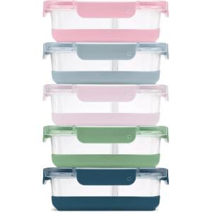 imageEllo Duraglass Refresh 34 Cup Divided Meal Prep Set 10Pc 5 Pack 2 Compartment Glass Food Storage Container with Silicone Boot and Airtight BPAFree Plastic Lids Dishwasher ampamp Microwave Safe Glade