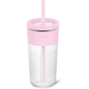 image:imageEllo Ava 18oz Glass Tumbler with Straw and Lid  Premium Ribbed Glass with Silicone Grip Car Cup Friendly Dishwasher Safe BPA Free  Iced Coffee Water Matcha Juice Cup  Pink OrchardPink Orchard