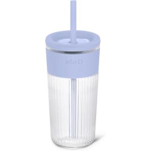 image:imageEllo Ava 18oz Glass Tumbler with Straw and Lid  Premium Ribbed Glass with Silicone Grip Car Cup Friendly Dishwasher Safe BPA Free  Iced Coffee Water Matcha Juice Cup  Pink OrchardBlueberry