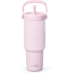 image:imageEllo Oasis Go 26oz Tumbler with Top Handle and Retracting Straw  Reusable Insulated Stainless Steel Cup 100 Leakproof Water Bottle 24 Hours Cold Cup Holder Friendly For Travel  In The CloudsPink Gingham
