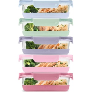 image:imageEllo Duraglass Refresh 34 Cup Meal Prep Sets 10Pc 5 Pack Set Glass Food Storage Container with Silicone Boot and Airtight BPAFree Plastic Lids Dishwasher Microwave and Freezer Safe MelonDusk Delight