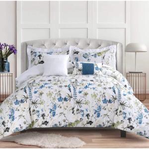 imageTribeca Living Floral Print King Cotton Comforter Set Oversized Five Piece Bedding Set Includes One Comforter Pillowcase Shams and Two Decorative Pillows AmalfiBlue MultiBlueMulti