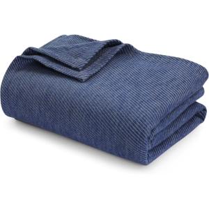 imageTribeca Living Cotton Acrylic Queen Reversible Blanket Soft and Cozy Yarn Dyed Fade Resistant Plaid DuneCottonWool Blue