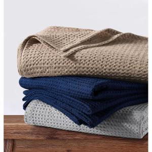 imageTribeca Living Cotton Acrylic Queen Reversible Blanket Soft and Cozy Yarn Dyed Fade Resistant Plaid DuneMadrid  Midnight Blue