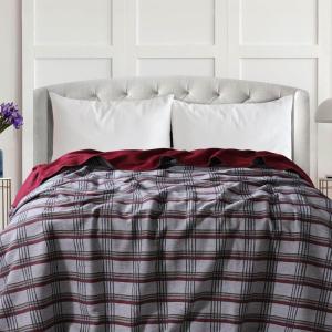 imageTribeca Living Cotton Acrylic Queen Reversible Blanket Soft and Cozy Yarn Dyed Fade Resistant Plaid DunePlaid Deep Red
