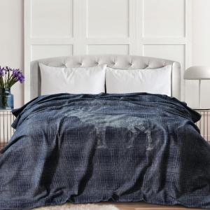 imageTribeca Living Cotton Acrylic Queen Reversible Blanket Soft and Cozy Yarn Dyed Fade Resistant Plaid DuneReindeer Navy