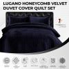 imageTribeca Living Velvet King Quilt Set  ThreePiece Honeycomb Stitch Bedding Super Soft 260GSM Velvet Oversized Quilt and Two Sham Pillowcases Emerald GreenIndigo