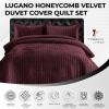 imageTribeca Living Velvet King Quilt Set  ThreePiece Honeycomb Stitch Bedding Super Soft 260GSM Velvet Oversized Quilt and Two Sham Pillowcases Emerald GreenPlum