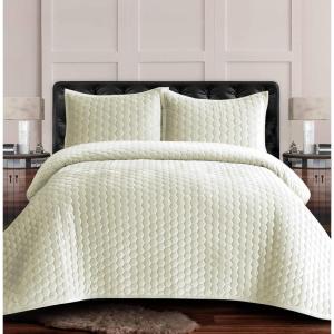 imageTribeca Living Velvet King Quilt Set  ThreePiece Honeycomb Stitch Bedding Super Soft 260GSM Velvet Oversized Quilt and Two Sham Pillowcases Emerald GreenIvory