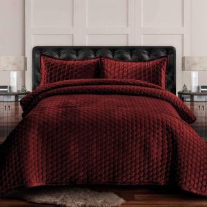 imageTribeca Living Velvet King Quilt Set  ThreePiece Honeycomb Stitch Bedding Super Soft 260GSM Velvet Oversized Quilt and Two Sham Pillowcases Emerald GreenBurgundy
