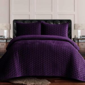 imageTribeca Living Velvet King Quilt Set  ThreePiece Honeycomb Stitch Bedding Super Soft 260GSM Velvet Oversized Quilt and Two Sham Pillowcases Emerald GreenPurple