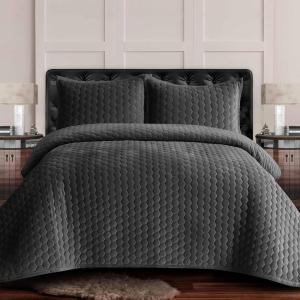 imageTribeca Living Velvet King Quilt Set  ThreePiece Honeycomb Stitch Bedding Super Soft 260GSM Velvet Oversized Quilt and Two Sham Pillowcases Emerald GreenSmoke Grey
