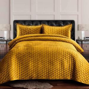 imageTribeca Living Velvet King Quilt Set  ThreePiece Honeycomb Stitch Bedding Super Soft 260GSM Velvet Oversized Quilt and Two Sham Pillowcases Emerald GreenGold