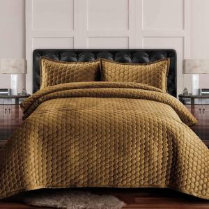 imageTribeca Living Velvet King Quilt Set  ThreePiece Honeycomb Stitch Bedding Super Soft 260GSM Velvet Oversized Quilt and Two Sham Pillowcases Emerald GreenCamel