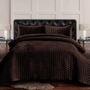 imageTribeca Living Velvet King Quilt Set  ThreePiece Honeycomb Stitch Bedding Super Soft 260GSM Velvet Oversized Quilt and Two Sham Pillowcases Emerald GreenChocolate