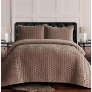 imageTribeca Living Velvet King Quilt Set  ThreePiece Honeycomb Stitch Bedding Super Soft 260GSM Velvet Oversized Quilt and Two Sham Pillowcases Emerald GreenTaupe