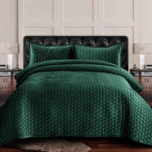 imageTribeca Living Velvet King Quilt Set  ThreePiece Honeycomb Stitch Bedding Super Soft 260GSM Velvet Oversized Quilt and Two Sham Pillowcases Emerald GreenTeal