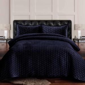 imageTribeca Living Velvet King Quilt Set  ThreePiece Honeycomb Stitch Bedding Super Soft 260GSM Velvet Oversized Quilt and Two Sham Pillowcases Emerald GreenIndigo