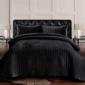 imageTribeca Living Velvet King Quilt Set  ThreePiece Honeycomb Stitch Bedding Super Soft 260GSM Velvet Oversized Quilt and Two Sham Pillowcases Emerald GreenSteel Grey