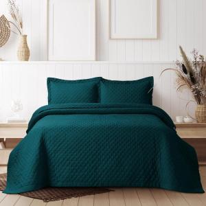 imageTribeca Living Brisbane Oversized Twin Quilt Bedding Set Solid 2Piece Quilted Bedspread Coverlet with Matching Pillow Sham Super Soft Fade and Wrinkle Resistant Quilts Silver GreyPeacock