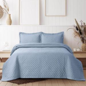 imageTribeca Living Brisbane Oversized Twin Quilt Bedding Set Solid 2Piece Quilted Bedspread Coverlet with Matching Pillow Sham Super Soft Fade and Wrinkle Resistant Quilts Silver GreyOxford Blue