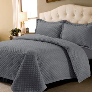 imageTribeca Living Brisbane Oversized Twin Quilt Bedding Set Solid 2Piece Quilted Bedspread Coverlet with Matching Pillow Sham Super Soft Fade and Wrinkle Resistant Quilts Silver GreyGray