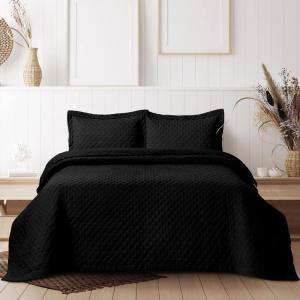 imageTribeca Living Brisbane Oversized Twin Quilt Bedding Set Solid 2Piece Quilted Bedspread Coverlet with Matching Pillow Sham Super Soft Fade and Wrinkle Resistant Quilts Silver GreyBlack