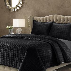 imageTribeca Living Velvet King Quilt Set ThreePiece Box Stitch Bedding Includes Oversized Quilt ampamp Two Shams 260GSM Super Soft Velvet TaupeBlack