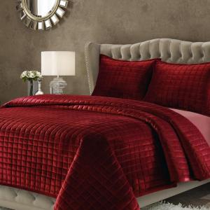 imageTribeca Living Velvet King Quilt Set ThreePiece Box Stitch Bedding Includes Oversized Quilt ampamp Two Shams 260GSM Super Soft Velvet TaupeBurgundy