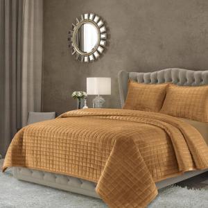 imageTribeca Living Velvet King Quilt Set ThreePiece Box Stitch Bedding Includes Oversized Quilt ampamp Two Shams 260GSM Super Soft Velvet TaupeCamel