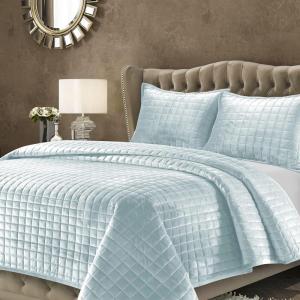 imageTribeca Living Velvet King Quilt Set ThreePiece Box Stitch Bedding Includes Oversized Quilt ampamp Two Shams 260GSM Super Soft Velvet TaupeHaze Blue
