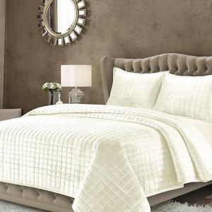 imageTribeca Living Velvet King Quilt Set ThreePiece Box Stitch Bedding Includes Oversized Quilt ampamp Two Shams 260GSM Super Soft Velvet TaupeIvory