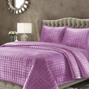 imageTribeca Living Velvet King Quilt Set ThreePiece Box Stitch Bedding Includes Oversized Quilt ampamp Two Shams 260GSM Super Soft Velvet TaupeLilac