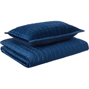 imageTribeca Living Velvet King Quilt Set ThreePiece Box Stitch Bedding Includes Oversized Quilt ampamp Two Shams 260GSM Super Soft Velvet TaupeNavy Blue