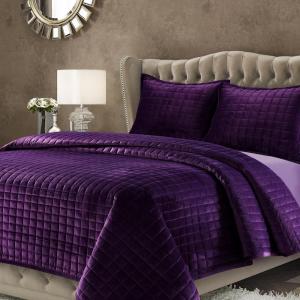 imageTribeca Living Velvet King Quilt Set ThreePiece Box Stitch Bedding Includes Oversized Quilt ampamp Two Shams 260GSM Super Soft Velvet TaupePurple