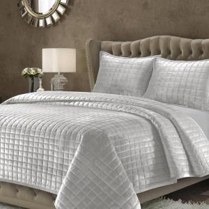 imageTribeca Living Velvet King Quilt Set ThreePiece Box Stitch Bedding Includes Oversized Quilt ampamp Two Shams 260GSM Super Soft Velvet TaupeSilver Grey