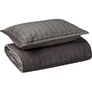 imageTribeca Living Velvet King Quilt Set ThreePiece Box Stitch Bedding Includes Oversized Quilt ampamp Two Shams 260GSM Super Soft Velvet TaupeSmoke Grey
