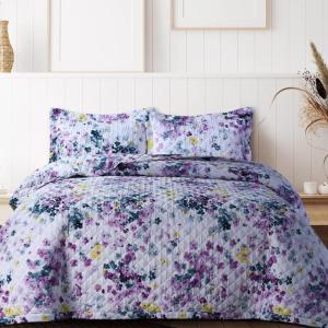 imageAZORES HOME Chloe Floral Printed UltraSoft 2Piece Oversized Quilt Set Easy Care and Fade Resistant  Twin GreenJuliette Deep Purple
