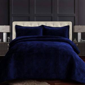 imageTribeca Living Oversized Velvet Quilt 2Piece Twin Bed Set 260GSM Soft Quilted Velvet Includes One Quilt ampamp One Sham CamelNavy Blue
